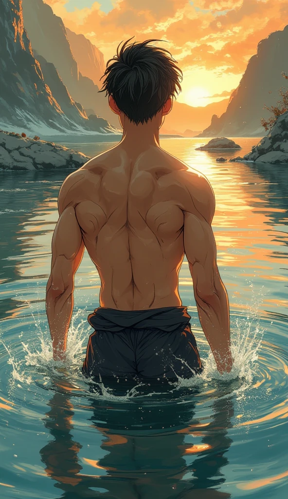 european man in underwear standing in front of a body of water，There is sunlight in the water body，Northeast muscle male，Mannequins，Triangle underwear，There are duckweeds in the water，Lotus leaf，Very short black hair，The style of a star，One piece of school grass，Place your hands on your waist，Strong arms，Very sexy，The crotch is also largeThe underwear is printed with a pattern，There are also small fish in the water，Yang Yang's height and appearance，The color of the underwear is black
