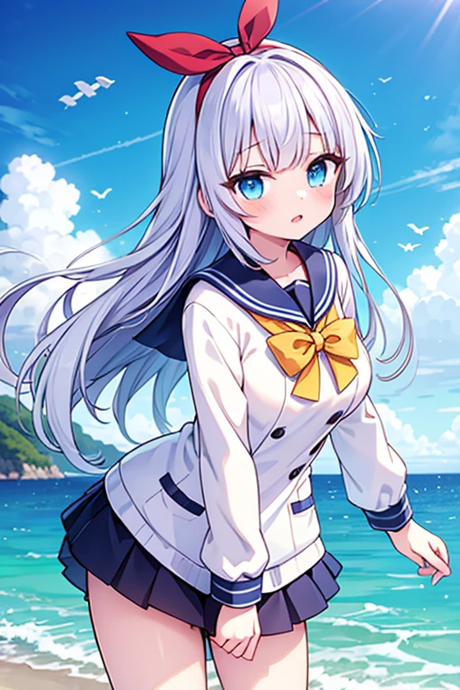 (best quality, masterpiece:1.2), ultra detailed, extremely detailed eyes and face, natural skin texture, detailed skin, natural lighting,
 chibi, 1 girl, 12-years-old, (cute),
 silver hair, middle hair, straight hair, shiny hair,
 blue eyes,
 flat chest,
 sailor swimsuit,
 upper body,