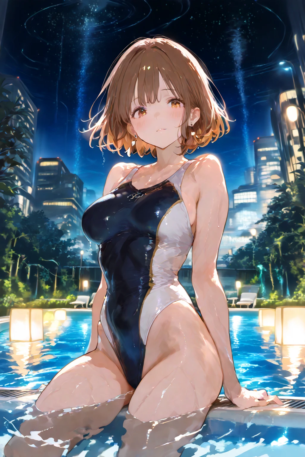 1 girl, bob, center part, forehead, brown hair, piercing, brown eyes, seductive smile, blush,
BREAK (masterpiece), (high resolution 8K), cinematic lighting, professional lighting, detailed eyes and face, detailed body,
BREAK slingshot swimsuit, at night pool, leaning back, sitting on the poolside