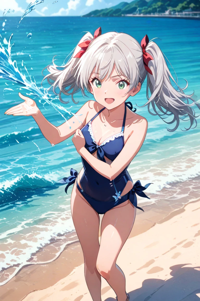 ((Two Girls)), Riding a surfboard, ((Surfing on a big wave)), masterpiece, Highest quality, Highly detailed CG Unity 8K wallpapers, High School Girl Anime Illustration. Please wear a cute bikini swimsuit.., Piece Pose, She closes her eyes and opens her mouth wide, smile. white hair color, Yellow Eyes, Bokeh, Spotlight Light, In the background is a large outdoor pool with sunlight streaming in.., pastel blue sky, splash, Water Drop, Bokeh photo, (Soft Focus): 1.2, Out of focus highlights, Dreamy atmosphere, Fascinating Depth