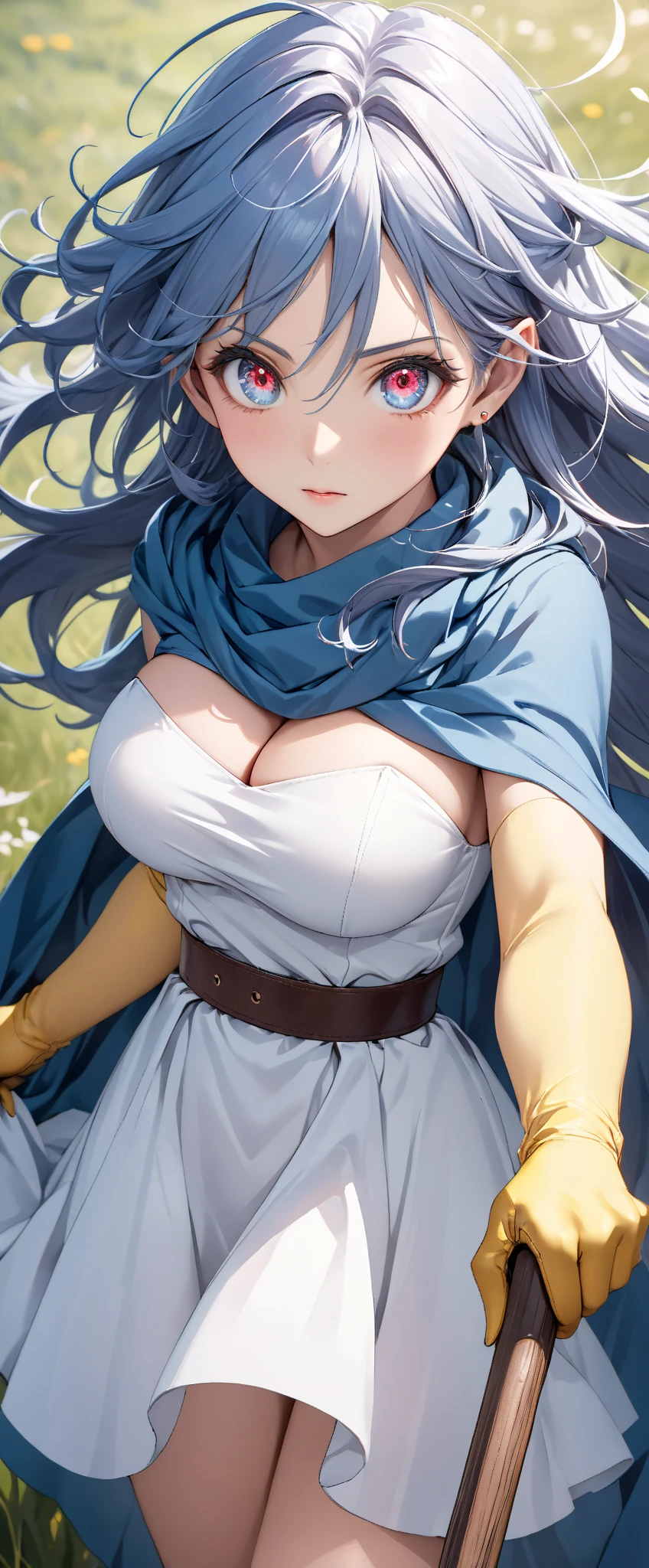 masterpiece, best quality, 4k, 8k, dq, upper body, face focus, close-up, 1girl, blue hair, white dress, red eyes, circlet, cleavage, smile, happy, depth, depth of field, outdoor, nature, petals, wind, beautiful, hd, perfect lighting, detailed face, detailed body, masterpiece, best quality, intricate details, 8k uhd, perfect face, perfect eyes, standing, holding staff, looking at viewer, from above,