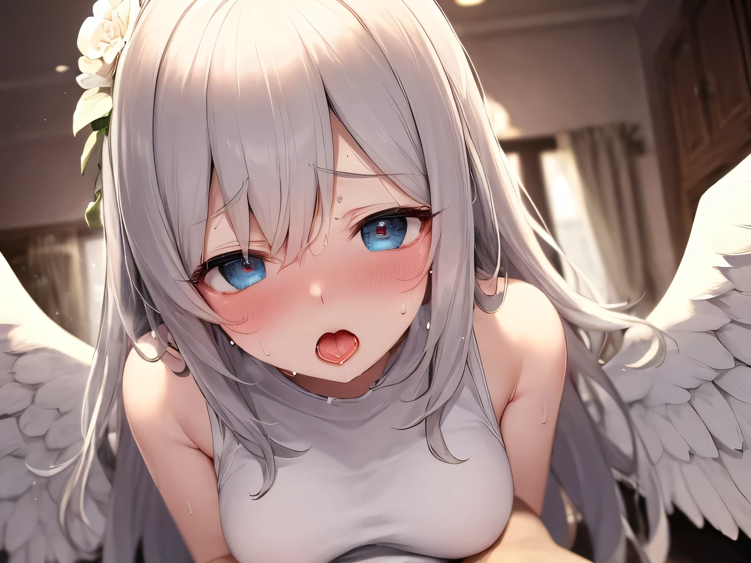 cute girl, anime, silver hair, Blue eyes, feel shy, indoor, NUDE, medium full shot, shy, Lying on your, Lying on your back, (spread leg:1.3), (o-face:1.3), sex, Fair skin, (sex:1.3), normal position, side shot, (orgasm:1.3), (Cute Face:1.2), high quality, close eyes