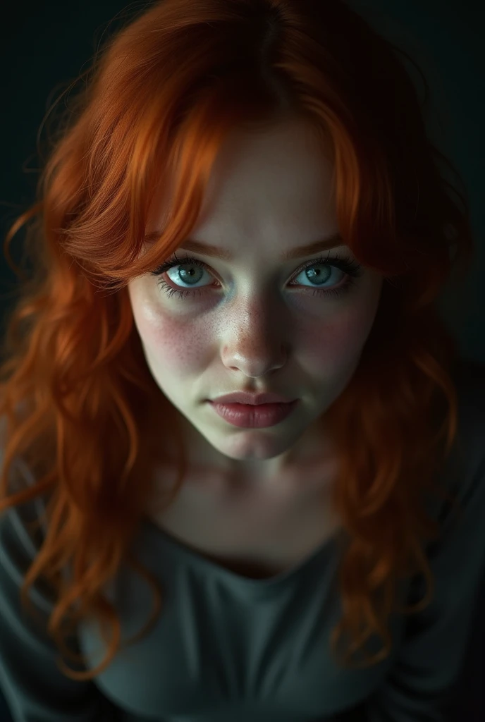 (8k, RAW photo, highest quality),(epic realistic:1.5), a girl, dynamic posture,erotic face,shirt,(detailed eyes:0.8),(looking at the camera:1.4), (highest quality), (best shadow),intricate details,cinematic,((skin:1.4)),interior, (long ponytail ginger hair:1.3),dark studio,(hdr:1.5),detailed, muted colors, freckles, (bright lighting: 0.7), masterpiece, big angle shot, RAW photo (pale 1 Irishwoman, looking up at the viewer) (undressed, disheveled, with bright red matted hair), (sitting), full-length portrait, perfect face, captivating eyes, bright details, pouting lips (high skin detail), freckles, medium breasts, hard nipples (tint: 0.6), (dirty: 0.8), (bloody: 0.7), Key lighting, (backlight: 0.5), medium depth of field, Canon 5D, 50mm lens, f/4 aperture, (ultra-detailed, complex detail), sharp focus, 8k, absurd, 8mm film grain, flirting with camera,sexually,Generate an image of a nude woman lying down with her vagina exposed, showing intimate details