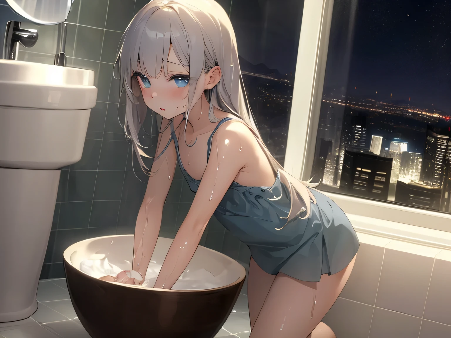 1girl,beautiful,blush,photo collection,(beautiful illustration:1.3),small breasts outside,nipples,small areolae,(pussy:1.2),(loli:1.2),white_skin,(petite:1.2),round face,vivid color illustration,big eyes,completely nude,head tilt,
BREAK
(standing sex:1.1),(doggystyle:1.1),hetero,motion blur,(lean forward:1.1),from_side,moaning,female_orgasm,twitching,spasm,indoor,bathroom,bathtub,shower_head,wet,man off screen,