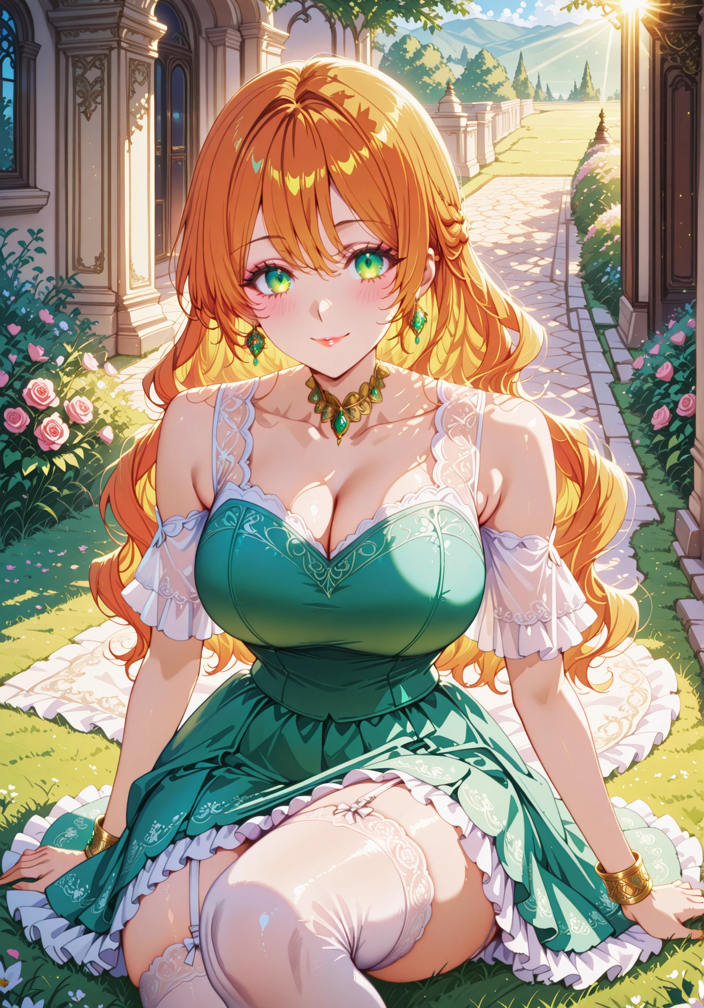 ((anime artstyle)),(Masterpiece),(Best Quality), (Super Detail),((Very Delicate and Beautiful)),(((Solo))),((full body portrait)),((1 princess in gorgeous princess rococo ballgown with voluminous full length hoop skirt)),((crinoline)),Long train,(((standing in garden))),(gorgeous gemstone jewelry),detailed face and eyes,jewel-like eyes,((large amount of straight hair,extremely voluminous Hair,Very Long Straight Hair)),((gigantic tits,Long tits)),cleavage,extremely gorgeousfull hair ornament,((bling-bling extremely gorgeousfull jeweled tiara)),((Dynamic Angle)),Looking at viewer,,flowers,flower petals flowing,((gorgeous princess rococo ballgown with voluminous full length hoop skirt))