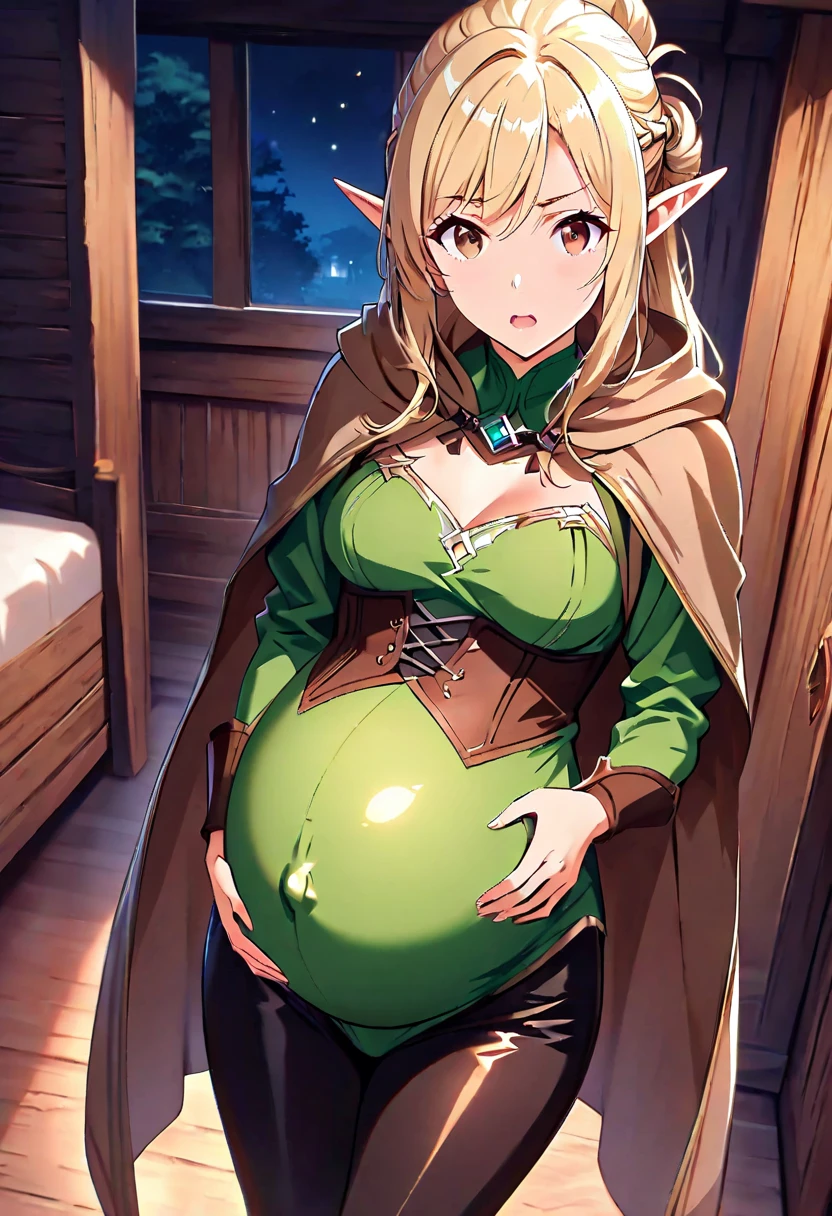 (masterpiece), (best quality), highres, incredibly absurdres, absurdres, very_high resolution, original, intricate details, hyper detail, ultra-detailed, exquisite detailed,extremely delicate,illustration,sketch, painting \(medium\),
(medieval, fantasy:1.1), 1girl, solo, solo focus, looking at viewer, cowboy shot, palace gardens, outdoors,
elf, pointy ears, shiny hair, glossy hair, (updo:1.3), blonde hair, sharp eyelid, eyeliner, eyelashes, eyeshadow, blue eyes, high nose, glossy skin, pale skin, shiny skin, smug, arrogant,
luxurious red robes, diadem, cloak, fur trim,
(mature female:1.3), large breasts, pregnant, ready to pop