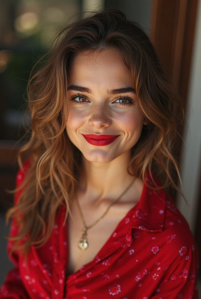 women
age 30
sweet
long brown hair
short bang
plait in her hair
green eyes
long red black dress
smile
2 speckle under her eye