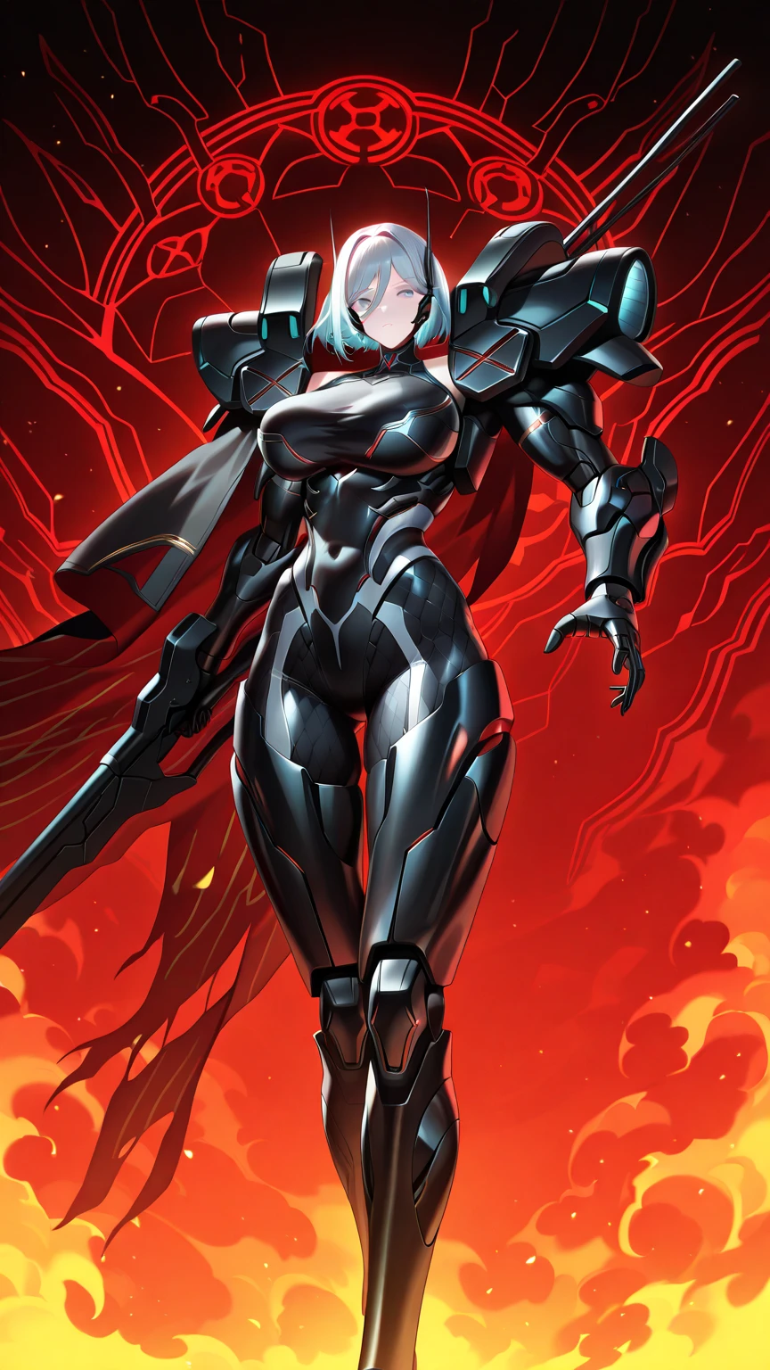 Masterpiece, Detailed, High quality, absurderes, zentreya, 1girll, red leotard, Science fiction, tightsuit, arma, holding weapon, mechanical horns, skin tight, Holding, Jacket, Open clothes, Short hair, sword, mechanical leg, holdingsword, robot, Thighs, Open jacket, Black jacket, Solo, view the viewer, Closed mouth, Glowing, Thick thighs, Cyborg, Shiny clothes, Armor, covered navel, solofocus, Mecha, Muscular, Glowing eyes,