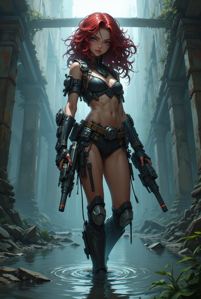 (((mulher))), (((melhor qualidade))), (((obra prima))), (((adulta))), Uma guerreira mulher de 35 anos com corpo perfeito, Brooklyn Gladiators, hand with steel gloves and metal tips, (( under boobs )), quase nua no estilo selvagem urbano de Simon Bisley para a capa da revista Heavy Metal, bionic hand, cabelo moicano colorido, Minimum clothing, armadura (azul escuro com estrelas brancas e vermelho com listras brancas), cheio de pontas e rebites manchadas de tinta, tatuagem de estrelas de 5 pontas, (((corpo inteiro))), cabelo preto curto com franja branca cobrindo a testa