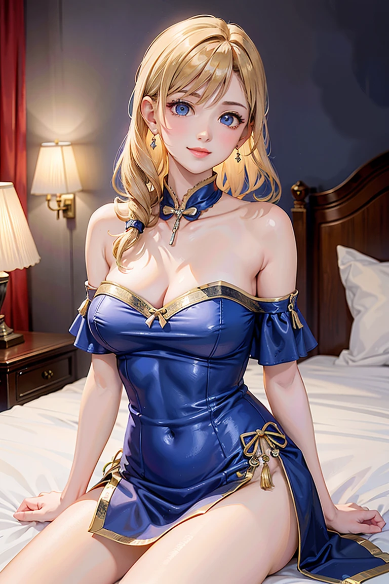 One girl,Soft Light，Large Breasts、Beautiful slender beauty、Blue Eyes、smile、Earrings、Gold Necklace、Blonde semi-long、(White Dress、Strapless dress)、Off the shoulder、Luxury rooms in luxury hotels、There is a bed、Focus on the chest、Above the knee shot、 looking at the camera、( Professional Lighting、highest quality、High resolution, 8k, masterpiece),