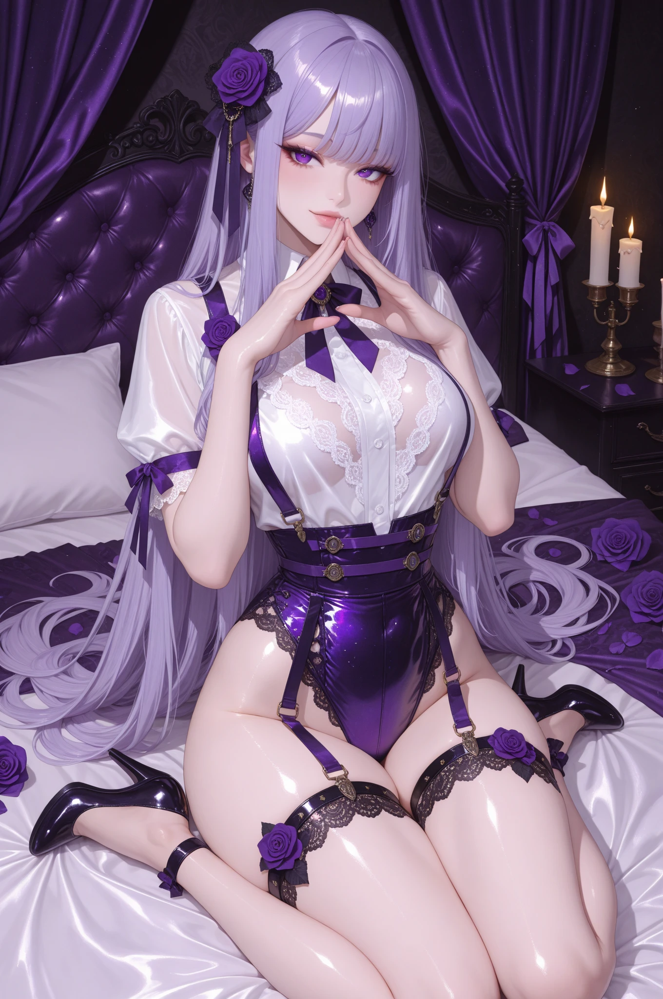 masterpiece, best quality, ultra detailed, dynamic angle, watercolor and oil painting fusion, hot black artwork, white line art, beautiful woman, 1 woman, older woman, black swan, beauty, perfect anatomy, perfect eyes, perfect fingers, perfect hands, anime girl, black high gloves, thick black stockings, sexy dress, tight, thighs, purple hair, seductive smile, room background, soft, seductive, hot, spicy, touching herself, 