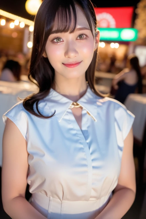 (8k, RAW photo, best quality, masterpiece:1.2), (realistic, photo-realistic:1.37), ultra-detailed, 1 girl,cute, solo,beautiful detailed sky,detailed cafe,night,sitting,dating,(nose blush),(smile:1.1),(closed mouth), medium breasts,beautiful detailed eyes,(collared shirt:1.1), bowtie,pleated skirt,(short hair:1.2),floating hair