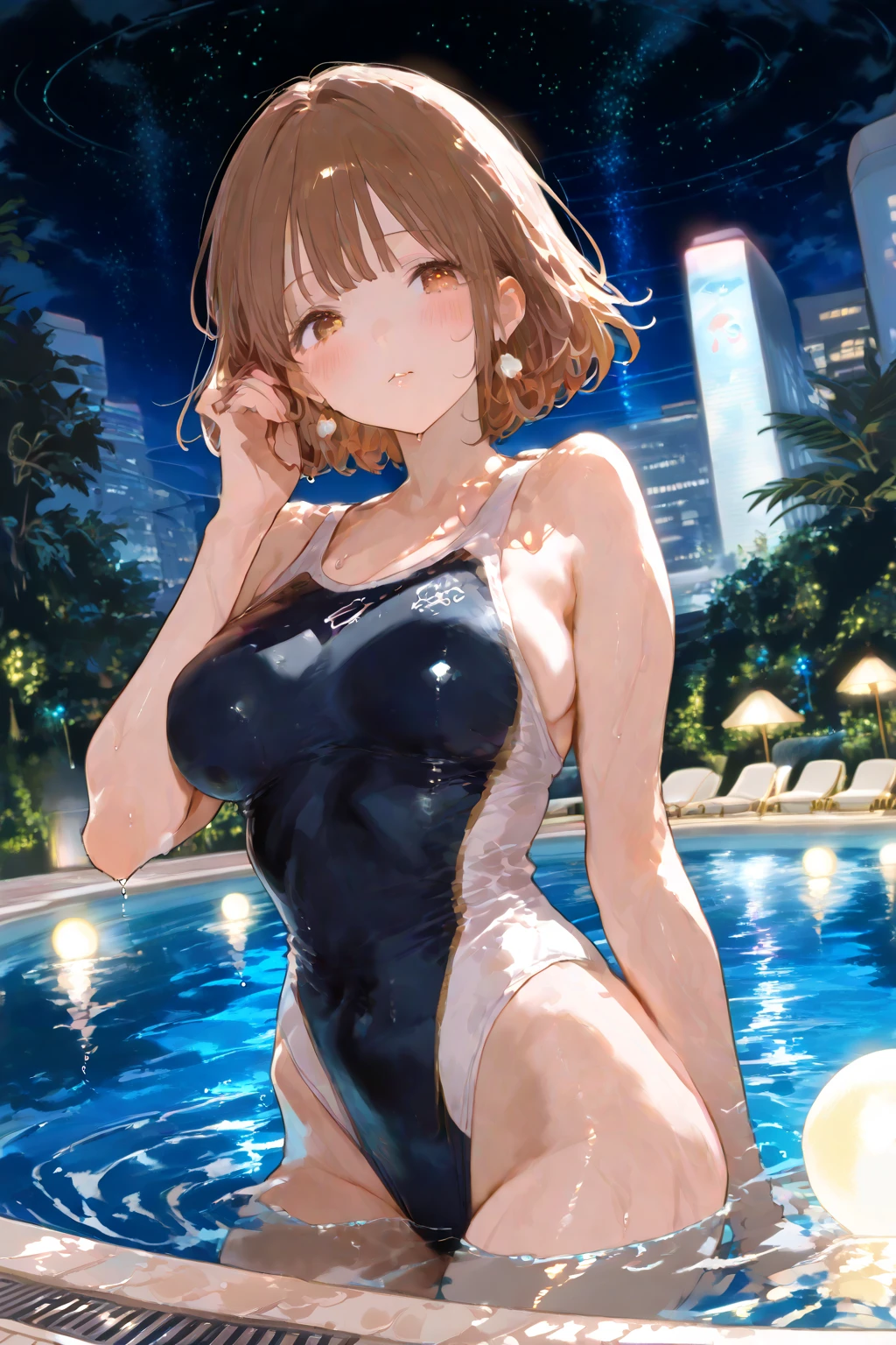 ((highest quality)), ((masterpiece)), (detailed), Perfect face, brown hair, cat ears, big breasts, wet, leaking, embarrassed expression, ocean, see-through breasts　There is  on the floor　Around the first year of junior high school　Inner thighs　Wolf Cut Short Cut　12 years old　Completely naked　Immersed in the sea　　Completely naked　Very large breasts　T cup　My white dress is wet and sticking to my body　Big Boobs　Big Tits