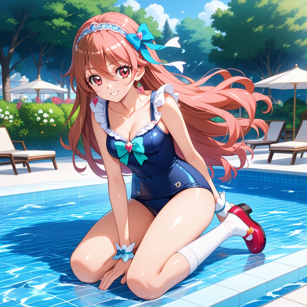 (masterpiece:1.2),best quality,illustration,beautiful detailed girl, (looking at viewer:1.3),1girl,solo,light smile,minigirl,medium breasts,minigirl, (in the pool:1.1),(thick thighs:1.15),blue sky,(long hair:1.3),sky blue eyes,(from below:1),pov,skirt,( swimsuit:1) ,(standing on one leg:1.5),red big bow,sailor collar, <lora:Dianaswim-000010:0.5>