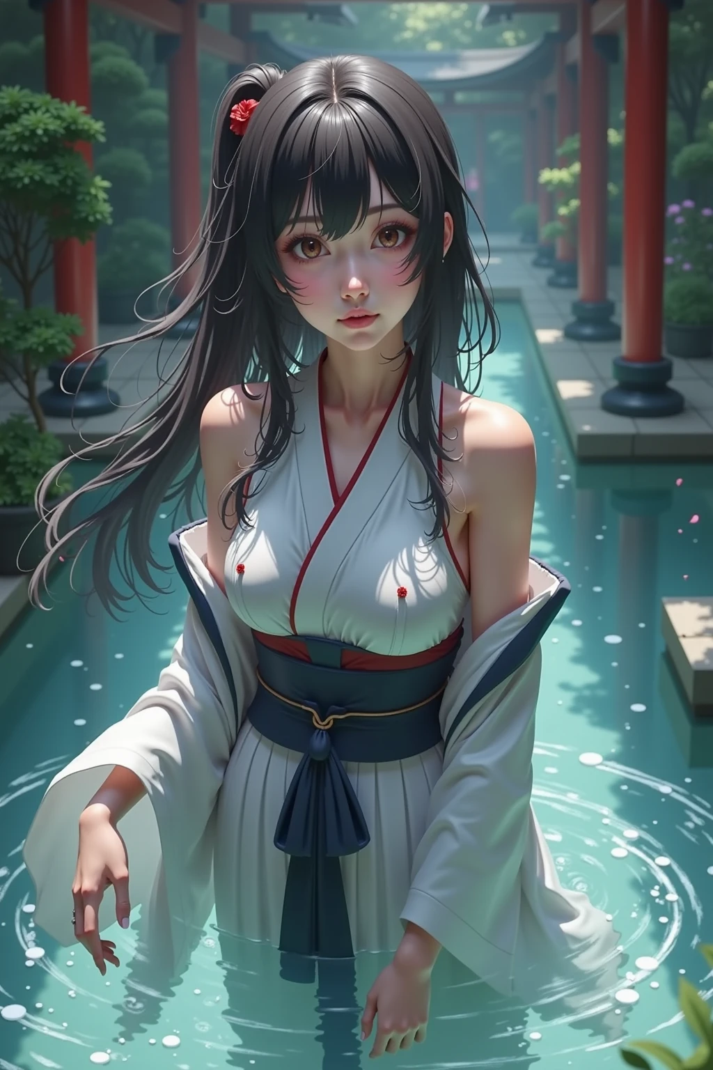 (perfect anatomy:1.2)(absurdres, highres, ultra detailed),masterpiece,best quality,high resolution,8k,Realistic face,Realistic skin texture,magnified textures, stunning clarity,detailed anime girl,(ultra detailed eyes and face),15 years old,black hair,single bun,pale skin,Japanese shrine maiden, mysterious eyes,She hides her body with a white bath towel,thin body type,big breasts,,(expressionless:1.2).onsen in Steampunk in the Edo Period、(Vivid hieroglyph signs and street advertisements:1.2)、sautumn、hieroglyph,look at far away,,Delicate atmosphere、,cowboy shot