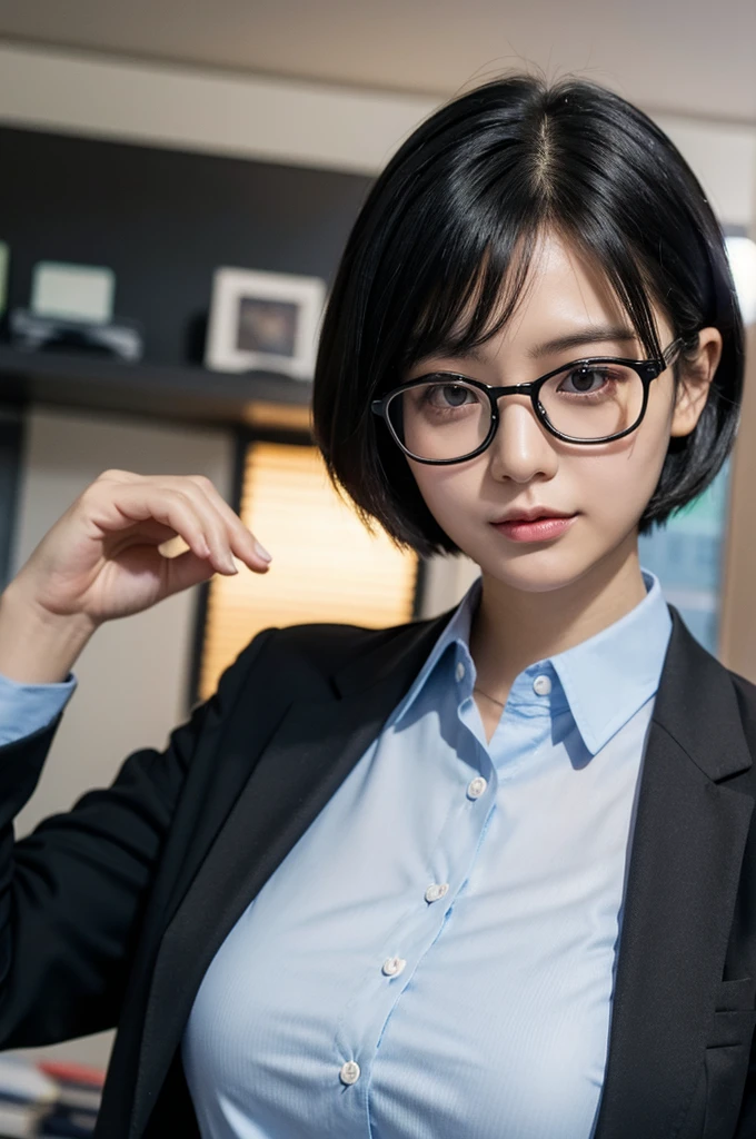 (highest quality、table top、8K、best image quality、Award-winning work)、one cute high school girl、16 years old、close up of face、Glossy lipstick、Glossy super high detail lips、 alone、most realistic、Ultra-detailed depiction、detailed face、close up of face、Shiny super high detail skin、polyester white high school uniform shirt、Beginner Girl、look at me、Premonition of romantic love、Moist and sparkling eyes、uniform ribbon on chest、straight short hair、Beautiful smooth berry short hair、The most detailed super high detail short hair、Classy glasses、Refreshing colors and scenery of youth、look at me恥ずかしい微笑み