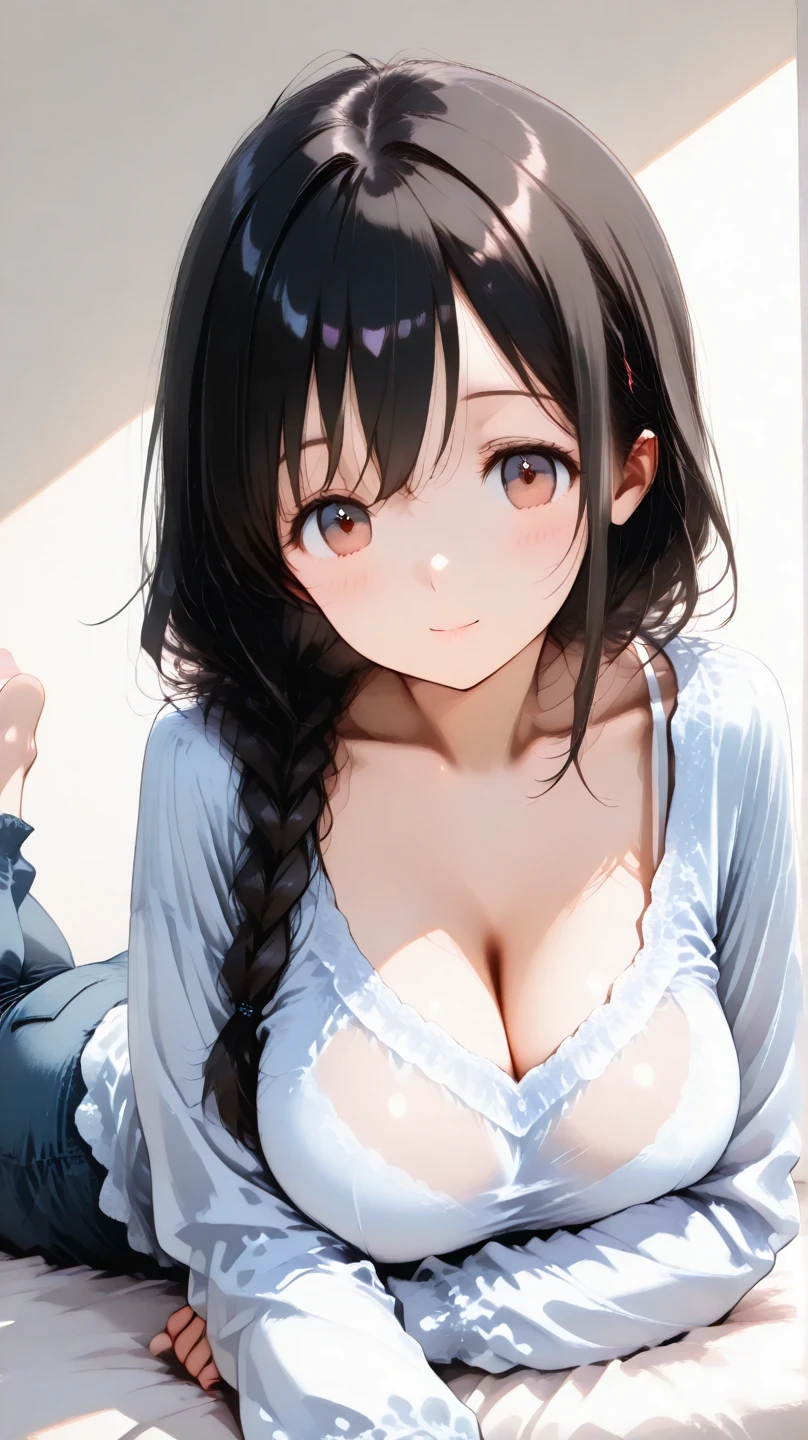 ((Top Quality)), ((Excellent)), (Details),,((Japanese)),10 years old, Black Hair,(Childish face),((Straight Hair)), shiny hair, a Girl ,((Moderate Breasts)), ((Blue Eyes)),masterpiece, (Chuckle-Smile), ultra realistic, 32k, extremely detailed CG unity 8k wallpaper,((overhead shot)),from above, ((all fours)), ((extreme_close_up)) ,((Emphasize the cleavage)), ((chemise)), best quality, Indirect Lighting, solo, Straight Hair, blunt bangs, ((white dashiki)),((white dashiki)), Bedroom, 1girl, black bow, stunning environment ,vibrant colors ,((extreme_close_up)) ,
