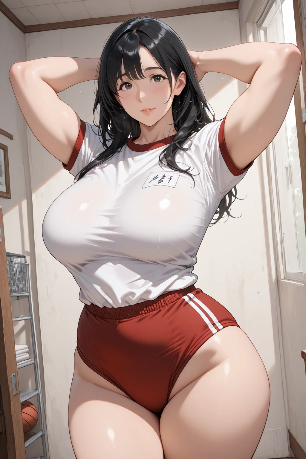 ((Masterpiece)), perfect anatomy, perfect shading, field of depth, (best quality), extremely delicate and beautiful, perfect lighting, detailed face, ultra cute face, cute, (cowboy shot 1.2), looking at viewer, full body, (((1girl))), (((solo))), cheerleader

 long hair, fluffy hair, brown hair, pony tail, green eyes, (((blush))), nervous, (cheerleader uniform), (white tank top 1.2), (short section red skirt 1.2), thigh highs, chocker, extremely tight clothes, large breasts, cleavage, perky breasts, (wide hips), (thick thighs), 

 fast food restaurant, intricate background, detailed background, sweaty,