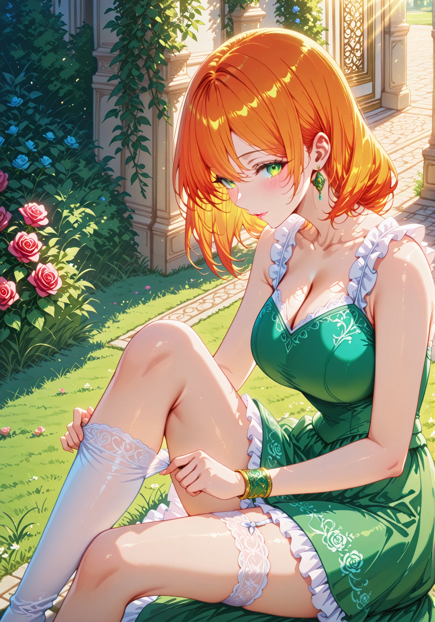 <lora:SakuraVRC:0.6>, SakuraVRC, masterpiece, best quality, depth of field, 1girl, red hair, short hair, green eyes, blush, embarrassed, closed mouth, alraune, garden, cleavage, colored skin, green skin, <lora:ConceptAlraunePlantGirl_v2:1>