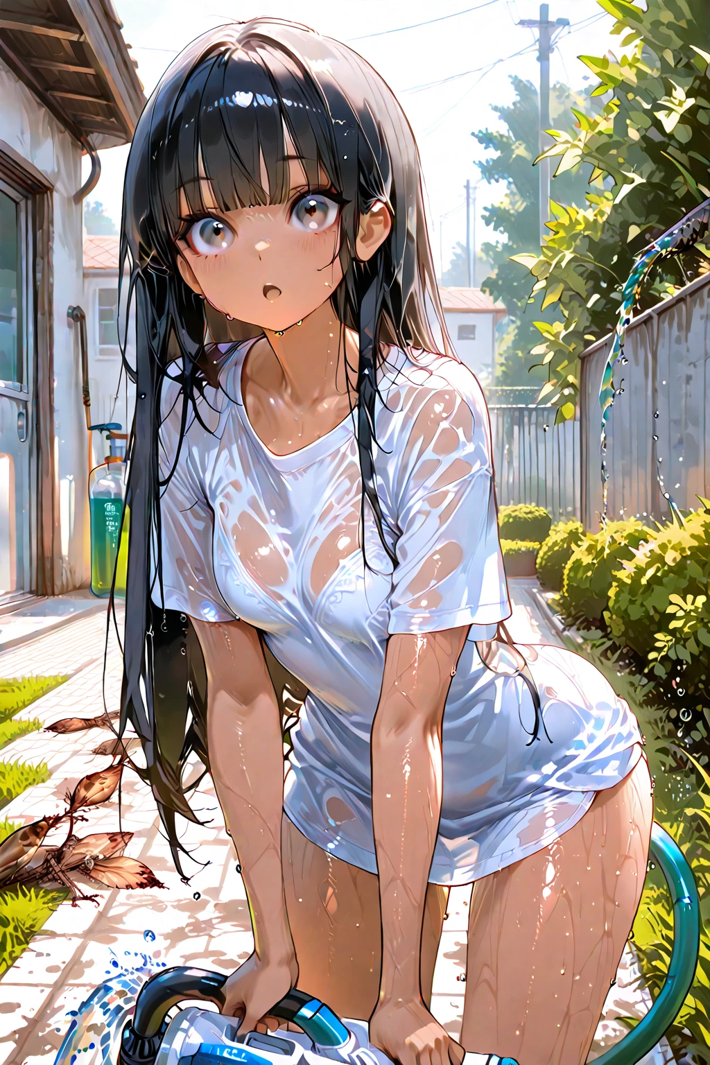 Naked T-shirt, no bra, no pants, wet sheer, skewed, cute, shy, thighs,, outdoor