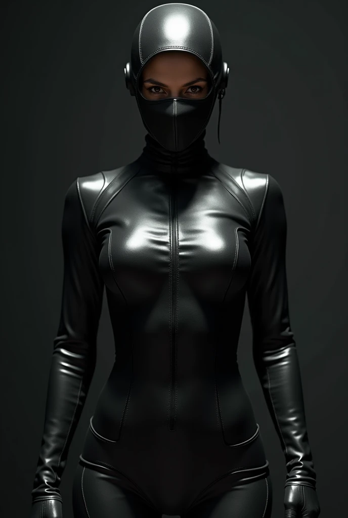 Gorgeous european woman with short hair, short hair, wet hair, hair slicked back, combed straight back, slick hair, black gradient hair, dressed as a ninja, cleavage, solid dark grey background
