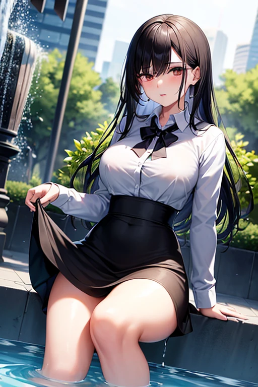 (R Solo:1.3)、(​masterpiece)、((best qualtiy))、((ultra-detailliert))、(a high chroma)、(CG Illustration)、highcontrast、low angles、red blush、(Licory Recoil:1.3)、((Takina Inoue))、((Clothes with gray sides:1.3))、(Green Tie Ribbon)、White bra、White panties、(Thick black tights)、(Purple anime-style eyes)、Delicate beautiful face、((teats)) 、(B cup breasts)、The best lighting、((turned around))、(Sit with your legs spread on the grass of the rainy park)