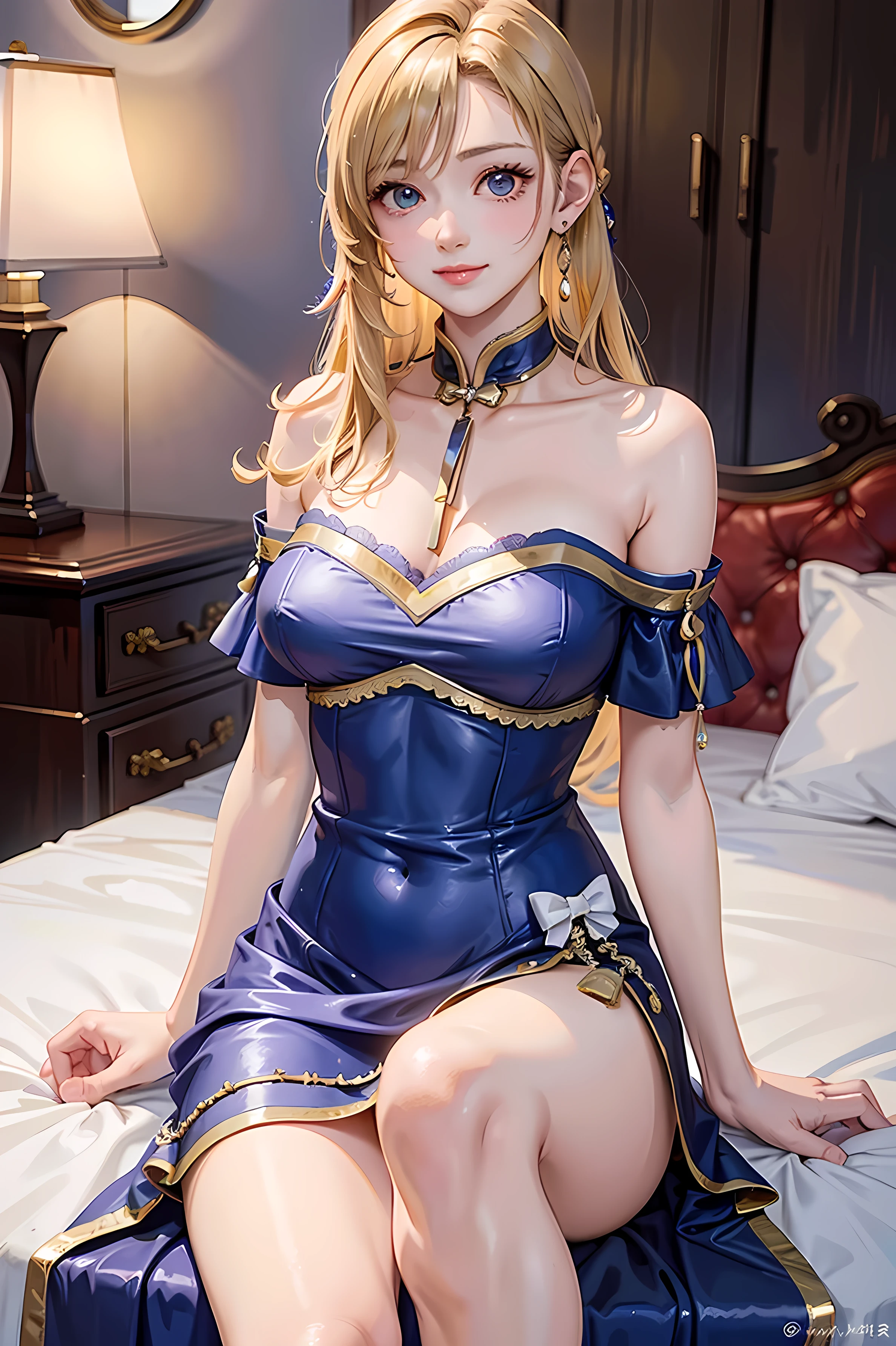araffe dressed in blue sitting on a chair with a glass of wine, hyperrealistic full figure, thicc, curvaceous. detailed, divine render, blue corset, giant stunning goddess shot, bright blue shiny lingerie, blonde goddess, super detailed and realistic, ( highly detailed figure ), granblue fantasy, small curvy loli, very detailed and high quality