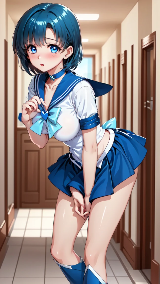 Sailor Mercury　Transformation heroine of justice　Patent leather white leotard　(((urination:1.5,))), (((peeing:1.3))), ((have to pee:1.35))), Patent blue boots　Wrinkled boots　Enamel White Gloves　Patent blue mini skirt　A clean image　Gold decoration　Exquisitely decorated costume　justice　ponytail　Semi-long hair　hair ornaments　Embarrassed and crying expression　Jockey Boots　Push out your hips　Spread your legs 　embarrassed　Poop sitting　Full body paint　Put your hands on your crotch　Armpits are visible　Knee-length long boots　barefoot　　Thighs　 Sit on top of the toilet　The body is covered in .　Open your legs　Bend your knees　Peeing　White liquid overflowing from between her legs　Crossing a Japanese-style toilet