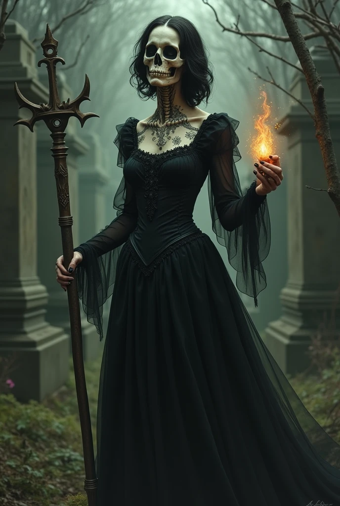 full body, beautiful female necromancer, in the style of luis royo, open front, Warhammer art, princesscore, skull staff, blink - and - you - miss - it detail, in a graveyard, by Royo --v 5.1