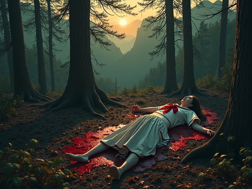araffe woman in a red and white bikini laying on the ground, destroyed body, still from horror movie, horror film still, video still, film still from horror movie, beautifully disturbing, very sad, insanity girl summon her death, tragic, a sad, movie film still, murder scene, dead body, horrors filmed on camera, photo - shot