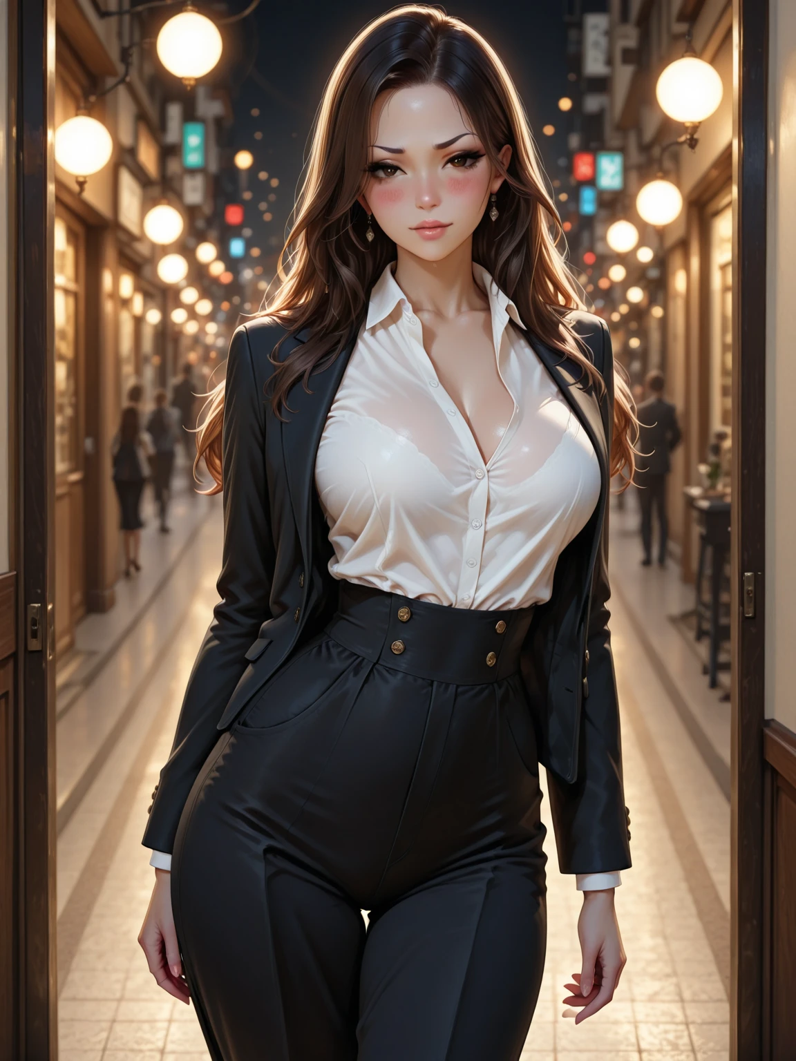 light brown hair and big eyes、long eyeslashes、Stylish woman wearing cleavage in beige suit cleavage full body