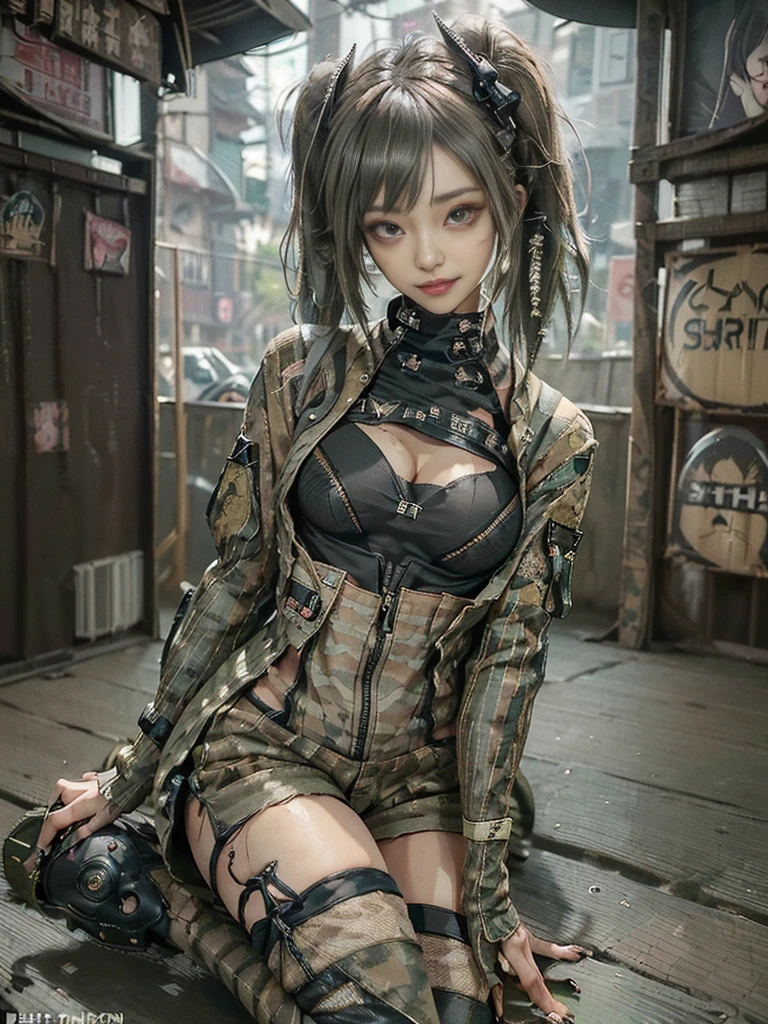 (Two Women,2 girls:1.5),(Full Body View:1.2)、(Side view:1.1)、(Please smile with your teeth showing:1.3),(Shibuya Gal:1.5)、(Gothic Lolita style fashion:1.5)、(Tattered khaki and gray futuristic micro high leg bodysuit:1.5)、(Tattered Khaki and Moss Green Micro Fancy Sleeves:1.5)、(Tattered khaki micro shorts:1.5)、(Brown and khaki knee socks:1.3)、(camouflage:1.3)、(Military jacket:1.4)、Brown boots、Khaki gloves、internal、(The underwear is striped:1.4)、23 years old、(do a gravure pose:1.3)、((Highest quality、8k、masterpiece:1.3))、One girl、The beauty of slim abs:1.3、(Hairstyle Casual、Big Tits:1.1)、dress:1.1、Super small face、Narrow eyes、double eyelid、Laughter、Esbian all over body、Dynamic Angle、Close-up、CPL Filter、Blurred Background、Bokeh、Blue Hour、Detailed face and skin texture、Detailed Eyes,(Twin tails:1.3)、(Brown-golden hair:1.4)、Gravure idol pose、(The two of them are posing together:1.3)、(The background is a person riding a motorcycle:1.3)、(The body is slim:1.2),(Slim legs:1.4),(clavicle:1.1)
