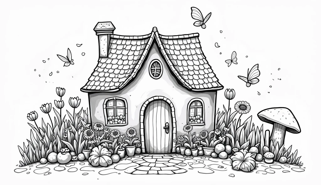 Cute house made from strawberries, coloring page for kids, happy, smiling, vector art, minimalistic, vector 2d, black lines white background, coloring page for beginners, vector illustration, pencil strokes, no color, drawing for coloring, white background, pixar style, black and white
