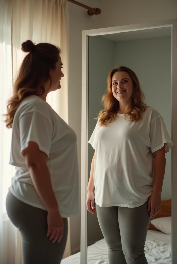 "an overweight woman, wearing a blouse and pants looking at a thinner version, with the ideal weight, healthy, active and at ease with herself through a futuristic mirror, symbolizing the potential for transformation."