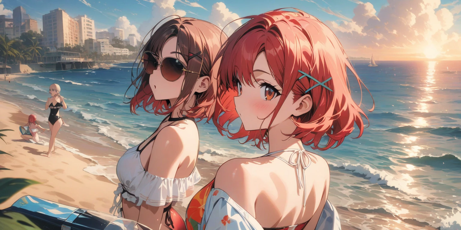 (masterpiece), (Top quality anime illustrations), (Super Definition), Emphasize cleavage, Underbust, Thigh Emphasis, White and peach striped bikini,Red Hair、Swimwear、Bob Hair、short hair、1 person、Big Breasts、Beautiful breasts、Grinning smile、transformation、Naughty older sister