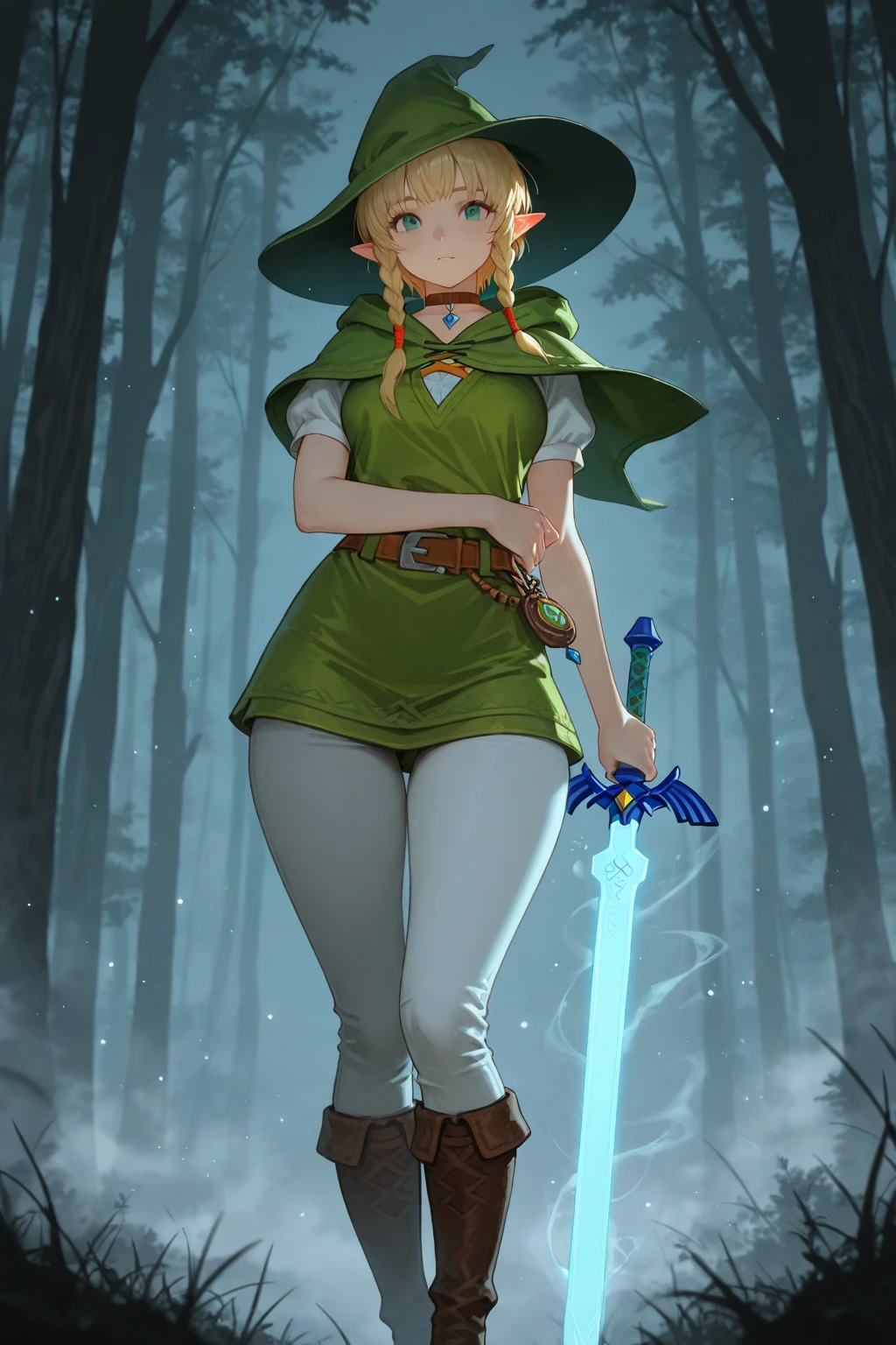 masterpiece, best_quality, 1girl, solo, linkle, nintendo, the legend of zelda, braid, twin braids, choker, thigh boots, zettai ryouiki,