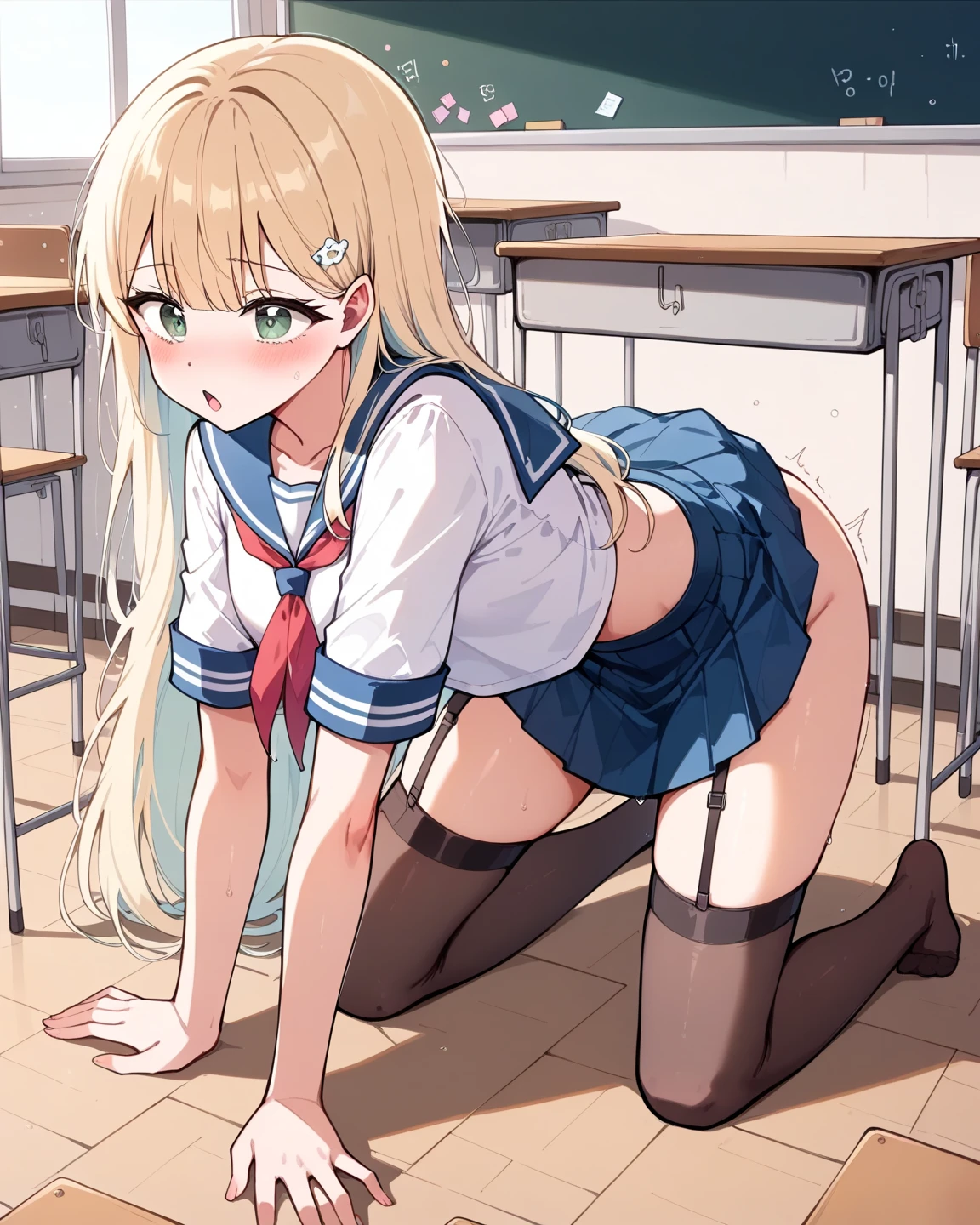 cowboy shot,thin legs,standing,extremely young girl,extremely emaciated girl,front shot,flat chest,low twin tails,blonde,white waste length panty,low-leg,contaminated crotch,navy hip length sailor uniform,long navy long skirt,black knee socks,upskirt with her hand,panty shot,from below,ground level shot,mtu shot