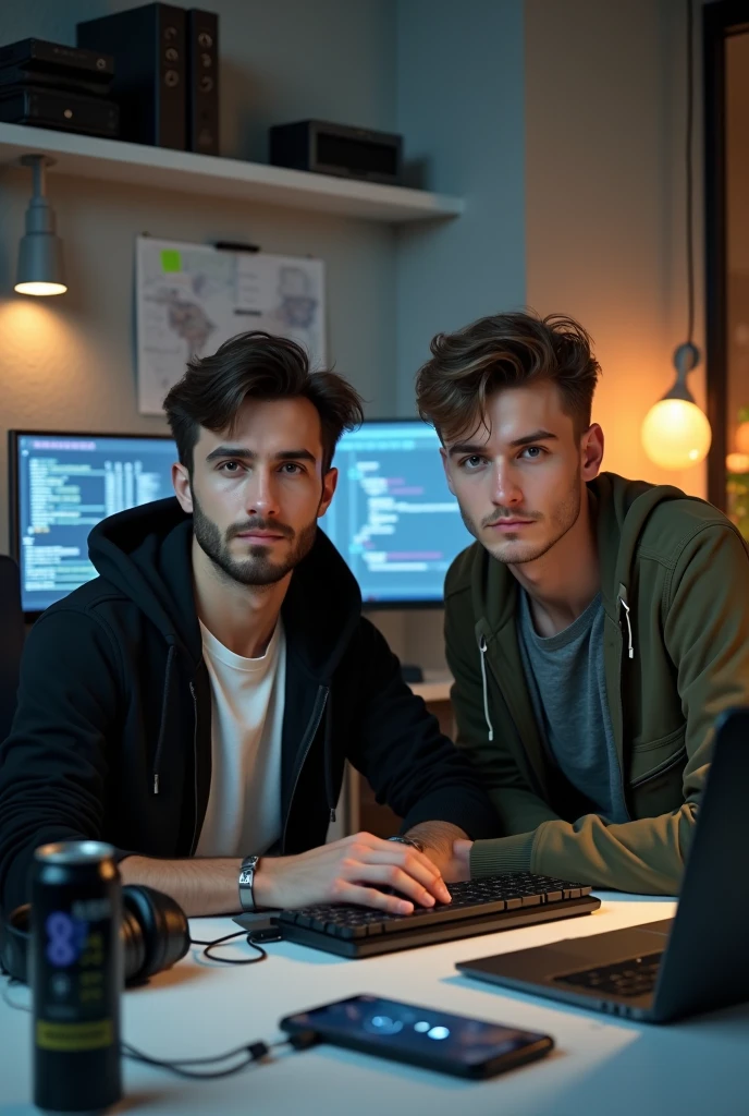 (2heads), skinny 28 year old man with frail physique, blonde, brown hair, stubble, wesring office attire, open collar shirt, working on computer, concentrated, cubicles background