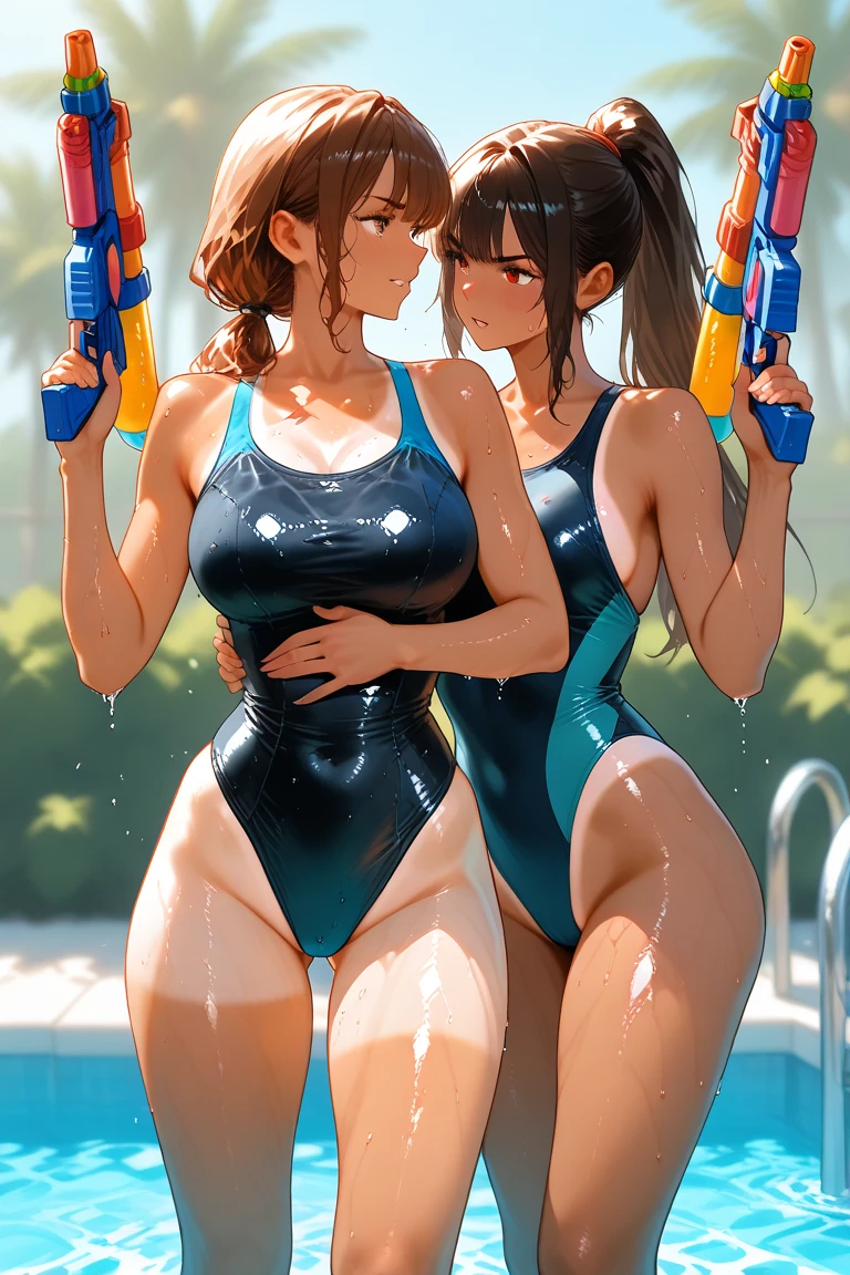((multiple mature women with curvy bodies, 35 year old, American milf supermodel)) wearing topless and thong panties, outdoor kitchen patio, smiley greeting viewer, ((wearing topless holding headbutt, hug facing each other side view, covered in cum dripping nsfw, breasts in the face, 1 woman standing 1 man sitting)), mantea, necklase, aretes, hair in large bun, raining