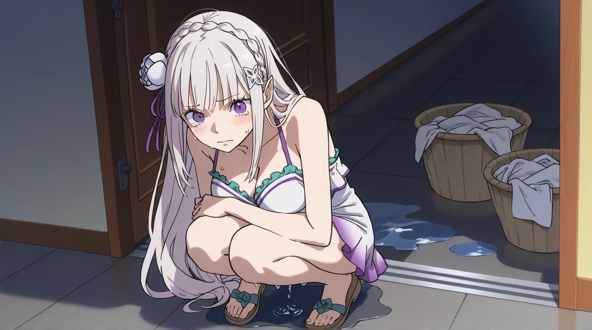 masterpiece, best quality, masterpiece, a cute girl lying in a hot sauna wearing a towel , (1girl), <lora:LLCharV2-8:1>, (LLChar), white hair, long hair, purple eyes, sauna, towel, sitting