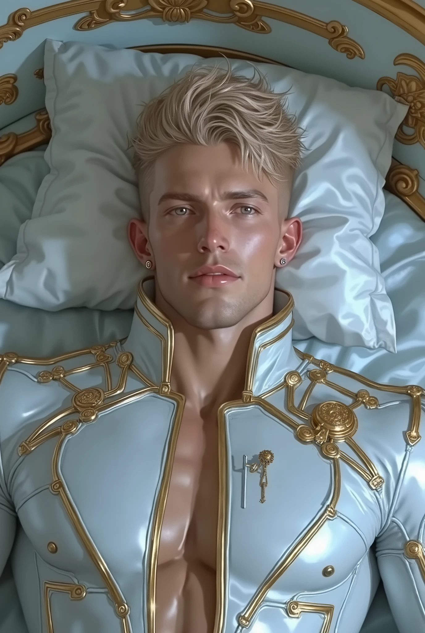 hyperrealism. high, style very beautiful, male, strong figure , powerful , height 190,  wearing a high-tech space-fitting fabric suit, his muscles that accentuate his muscles .  open torso.  The suit has a golden filigree .  Man with almond blue eyes. he is 37 years old .  short blond hair,  classic haircut , neatly laid out. square face shape, Facial features sharp, confident look. Man tall , strong, Fit. Detailed drawing. A man lies in a bed on a spaceship 