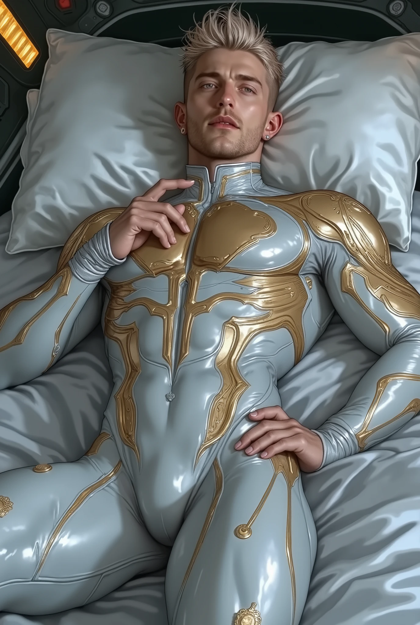 hyperrealism. high, style very beautiful, male, strong figure , powerful , height 190, wearing a high-tech space-fitting fabric suit, his muscles that accentuate his muscles . open torso. The suit has a golden filigree . Man with almond blue eyes. he is 37 years old . short blond hair, classic haircut , neatly laid out. square face shape, Facial features sharp, confident look. Man tall , strong, Fit. Detailed drawing. A man lies in a bed on a spaceship
