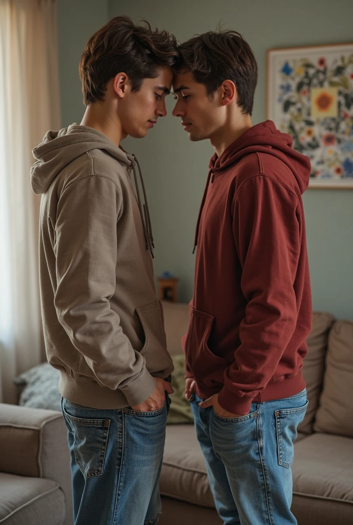 Two handsome teenagers boys with athletic bodies were standing in a hall, they were wearing full suits, they were aroused by each other, they were kissing passionately,Their penises were fully ????? inside their pants due to sexy passion, ((Full HD))