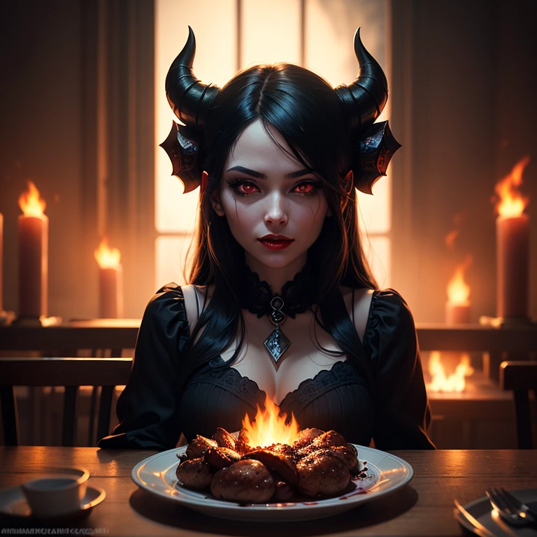 In a demonic setting, a sexy succubus savors a delectable dumpling, her expression reflecting the joy of indulging in this beloved culinary delight, octane render, enhance, intricate, (masterpiece, Representative work, official art, Professional, unity 8k wallpaper:1.3)
