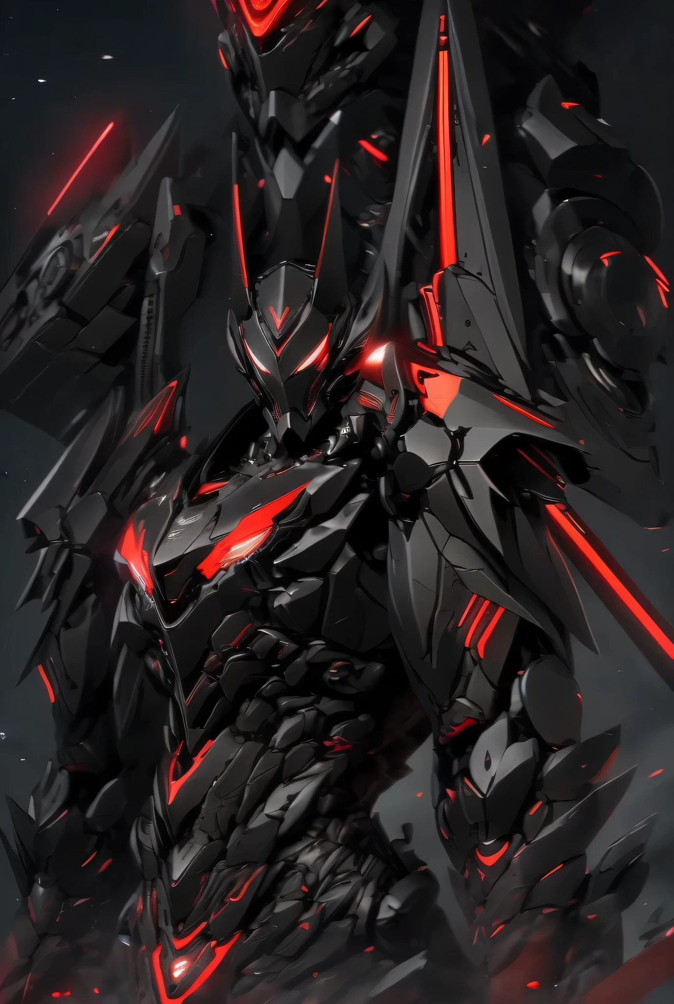 Close-up of a motorcycle mecha,has a red light, black and  red armor, Futuristic Armor, black armor, Dark armor, black and red reflective armor, Corrupted Armor, ,  red armor,  Demon Armor , Dark Futurism, complex assassin mech armor, angular metal armor, Simple design armored style , wearing Futuristic Armor,  mech suit 
