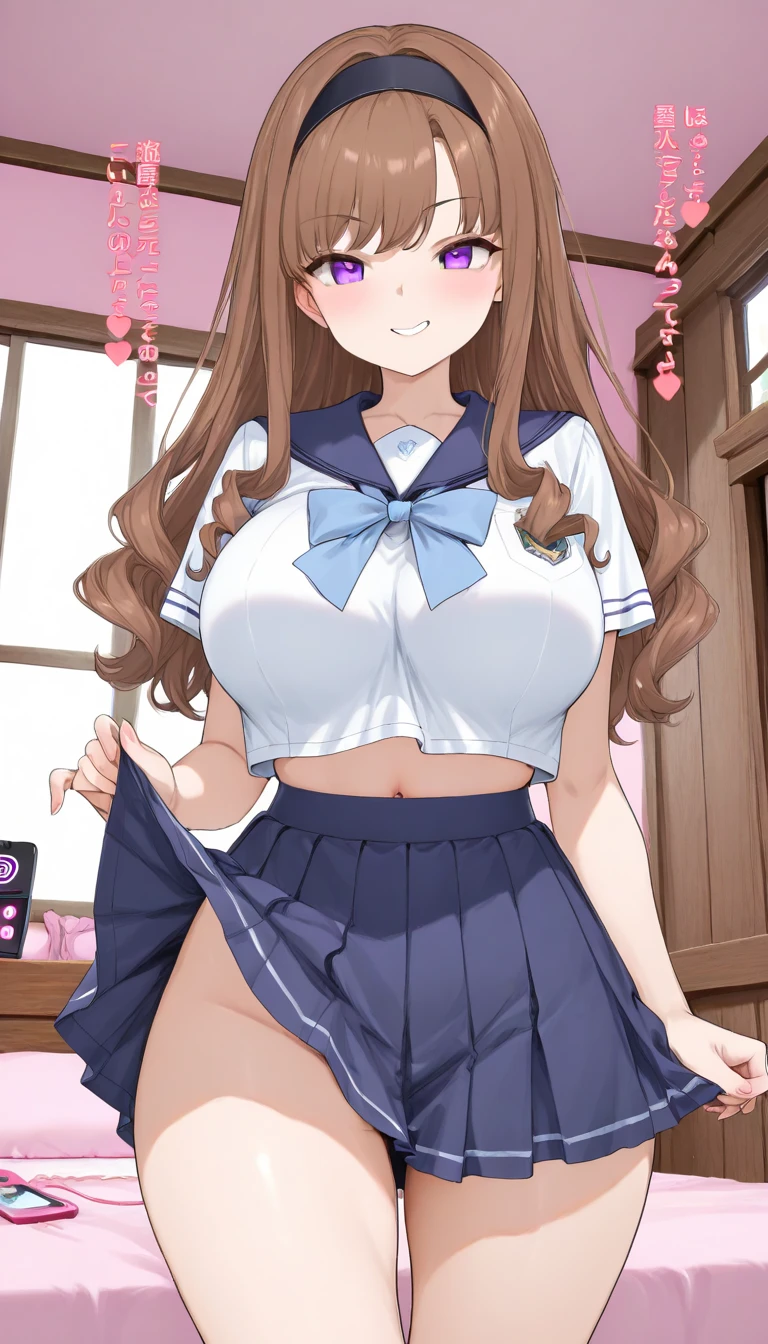(( close、16K、Highest quality、Attention to detail、Rich skin detail, Browsing Caution、change)),(((((Brown Skin)))))、(Muscular)、 (Beautiful Eyes), ((Huge breasts、Swollen nipples、Please raise your hand、Armpits、))、 ((school uniform、Pink striped panties、White shirt、Pink Ribbon、White knee socks、Blue Heart Lift、Skirt flip))))、(blue eyes)、((Gray Hair、Blunt bangs、Long Hair、Straight hair、Ahoge)), ((blush))、(Wide Hips、Thick thighs)、((((Embarrassing))))、((city))