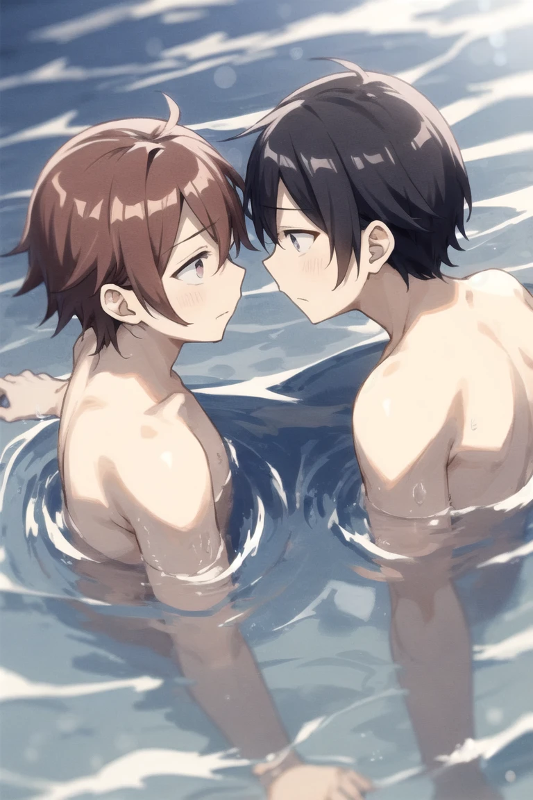 2 cute thin handsome boys 12 and 14 years old. Shirtless hugging in the water