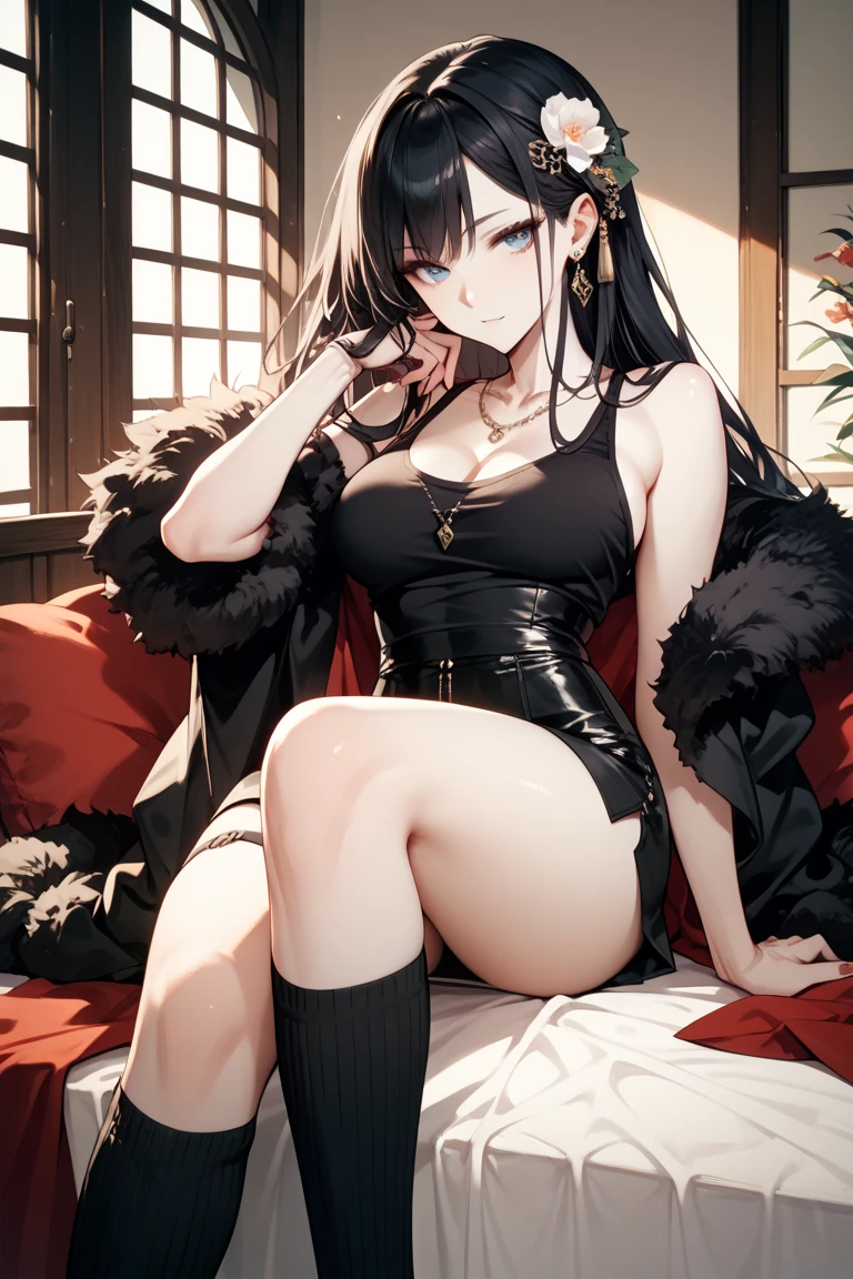 masterpiece, best quality, highres, aayorf, sidelocks, gold hairband, hair ornament, red eyes, gold earring, large breasts, choker, bare shoulders, black dress, two-sided dress, fingerless gloves, thigh boots, looking at viewer, outdoors, night, from below, black panties, sitting, spread legs