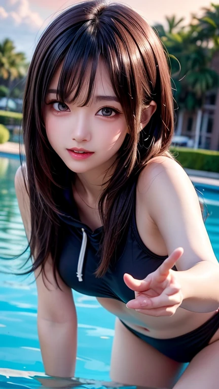 triangle-bikini,(open mouth:1.5),(tongue out:2),Kneeling,handjob,choker,garter,front view,face focus,from above(1girl,Beautiful 14 year old girl,teenager),((Slender,Small breasts,Small face,)),(looking at viewer),Black Hair,bangs,Poolside
