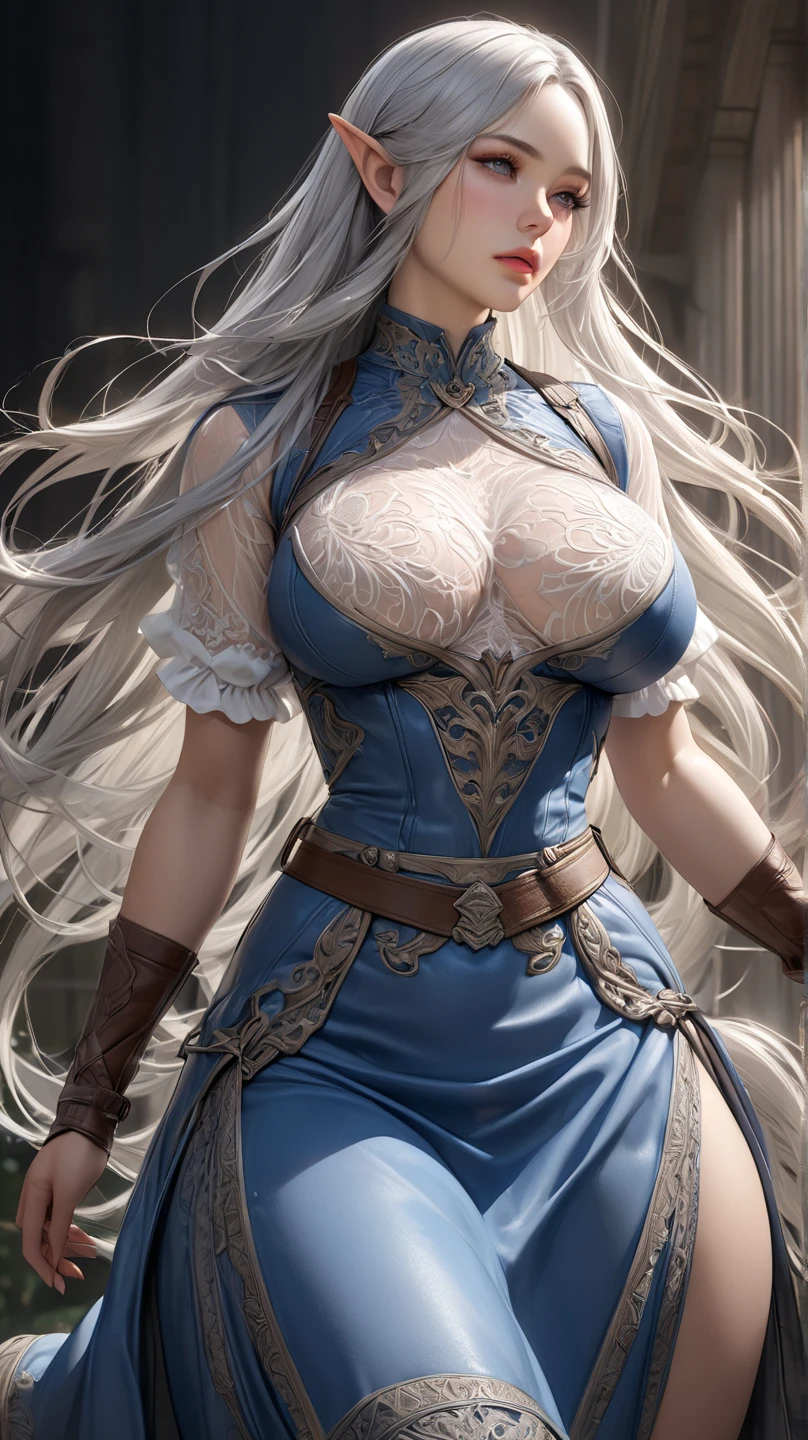 (best quality)), ((masterpiece)), ((Realistic,digital art)), (hyper detailed), (medieval style), (very old woman posing standing), cleavage huge sagging breasts, (huge breasts completely sagging), (completely sagging breasts), (focus on detailed anatomy of body), old fat body, (braided bun grey hair), large sparkling blue eyes, smiling facial expression, (detailed facial expression), leather corset, linen stockings, revealing slit simple dress, (detailled clothes), viking temple background, detailed environment, dramatic lighting, (Intricate detail), ((shallow depth of field)) (Cinematic lighting), HDR Enhancement, Ultra Fine Texture